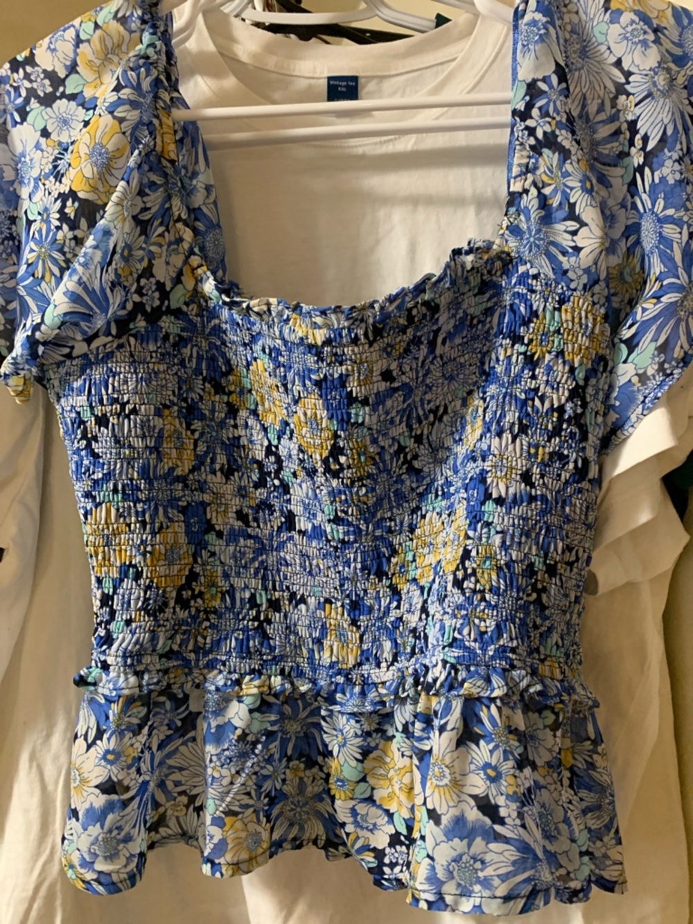Astr Blue Floral Smocked Peplum Blouse with Yellow Accents Medium